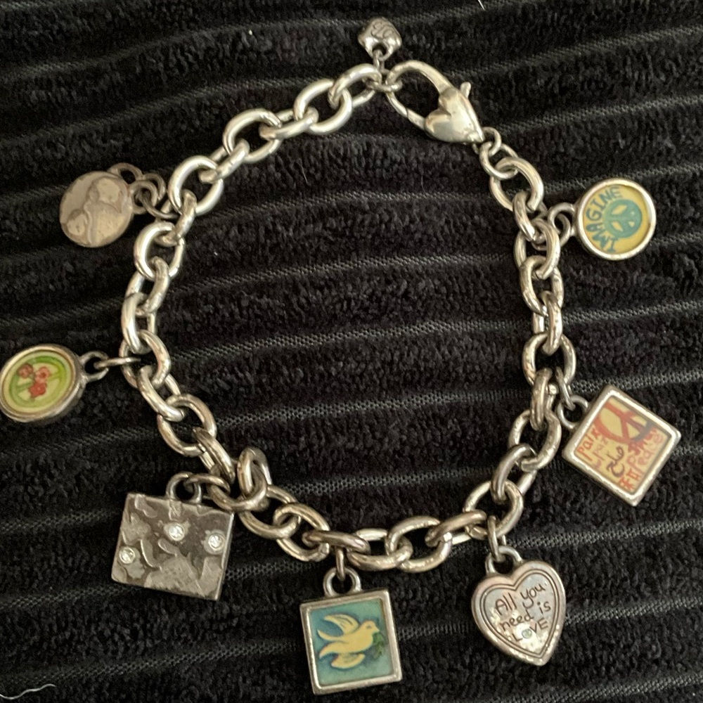 Vintage Brighton Peace Charm Bracelet Peace Dove Hearts Peace Sign 8" Retired